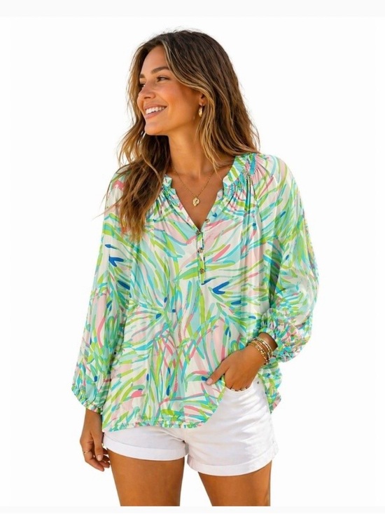 Lilly Pulitzer Tops - Lilly Pulitzer Elsa Silk Tunic Med Pink Blue Abstract Palm Smocked Button Resort
